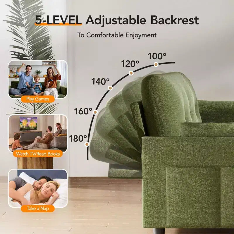 Canapé convertible Dyonery en chenille, causeuse dépliante 3-en-1 avec dossier inclinable 5 positions, poche latérale et assemblage sans outils