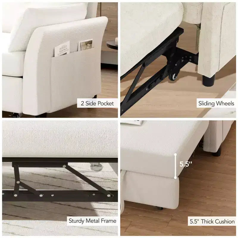 Canapé convertible Dyonery en chenille, causeuse dépliante 3-en-1 avec dossier inclinable 5 positions, poche latérale et assemblage sans outils