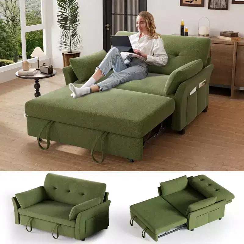 Dyonery Chenille Sleeper Sofa Bed, 3-in-1 Pull Out Loveseat with 5-Position Reclining Backrest, Side Pocket & Tool-Free Assembly