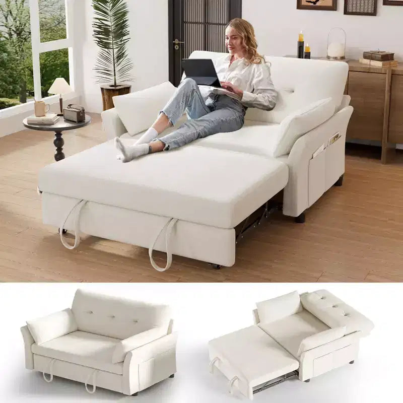 Dyonery Chenille Sleeper Sofa Bed, 3-in-1 Pull Out Loveseat with 5-Position Reclining Backrest, Side Pocket & Tool-Free Assembly