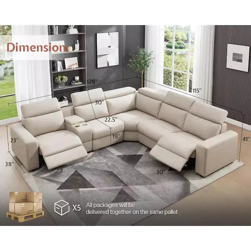 AMERLIFE 128 Power Reclining Sofa, Electric Recliner Sectional with Console & Dual Recliners, Oversized Sofa for Living Room, Beige Brown Leathaire