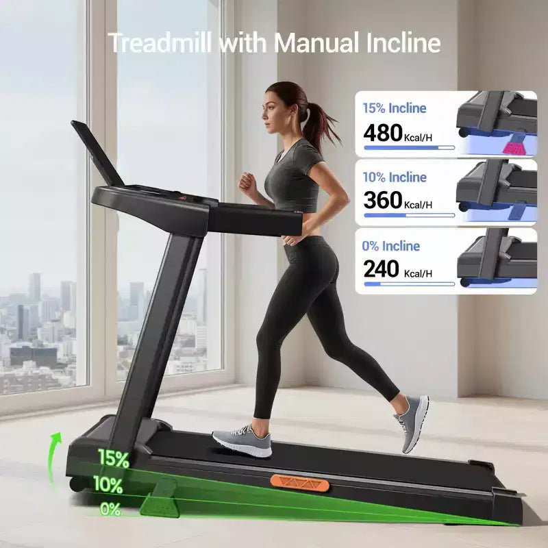 Tapis de course incliné à 15 % avec poignée, tapis de course portable 3-en-1 pour la maison et le bureau, tapis de course pliable avec une capacité de poids de 100 kg