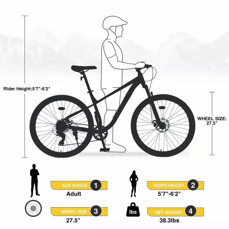 Okak 27.5IN 8 Speed Mountain Bike with Front Suspension, Kids Dirt Bike with Double Disc Brakes, Steel Frame Bicycle for Kid and Adults