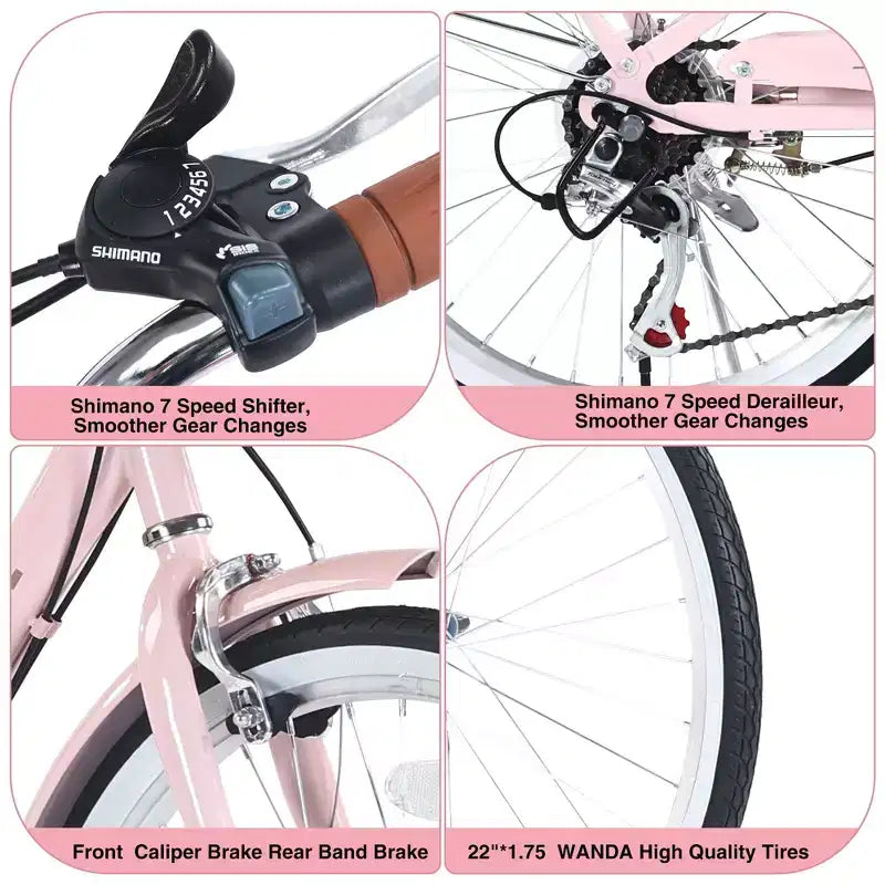 Okak 22IN Cruiser Bikes with Front Basket, Girls Bike with Steel Frame, V-Shape Brake and Comfort Saddles, Adult Bike for Girls and Women