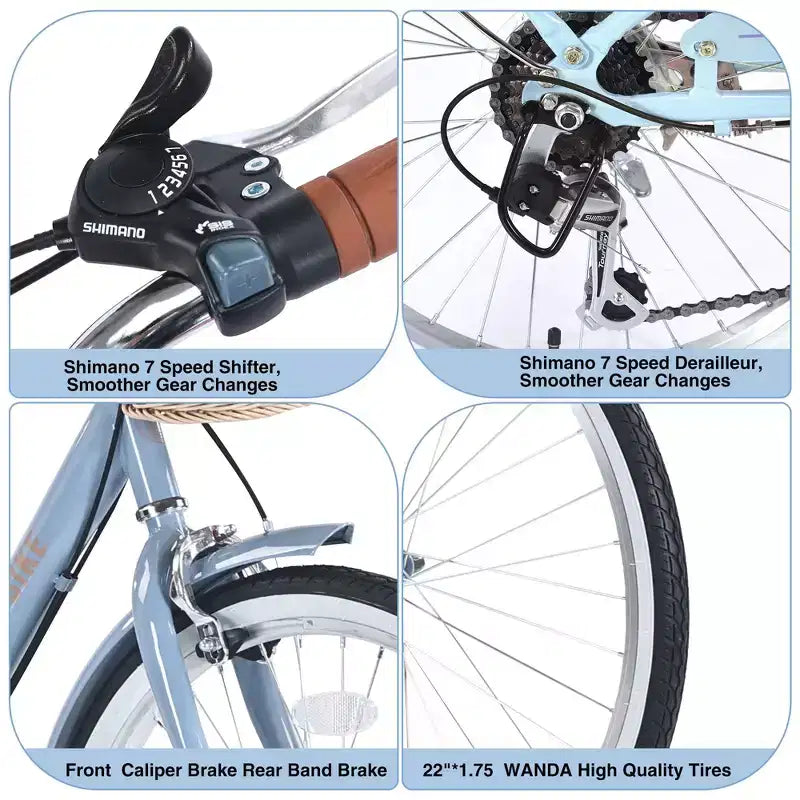 Okak 22IN Cruiser Bikes with Front Basket, Girls Bike with Steel Frame, V-Shape Brake and Comfort Saddles, Adult Bike for Girls and Women