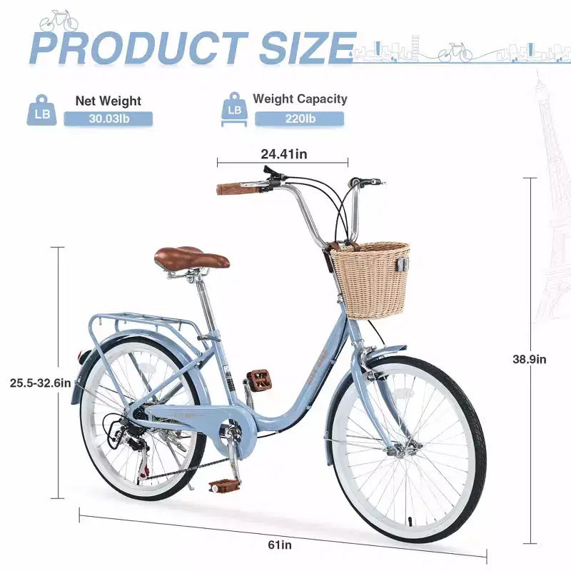 Okak 22IN Cruiser Bikes with Front Basket, Girls Bike with Steel Frame, V-Shape Brake and Comfort Saddles, Adult Bike for Girls and Women