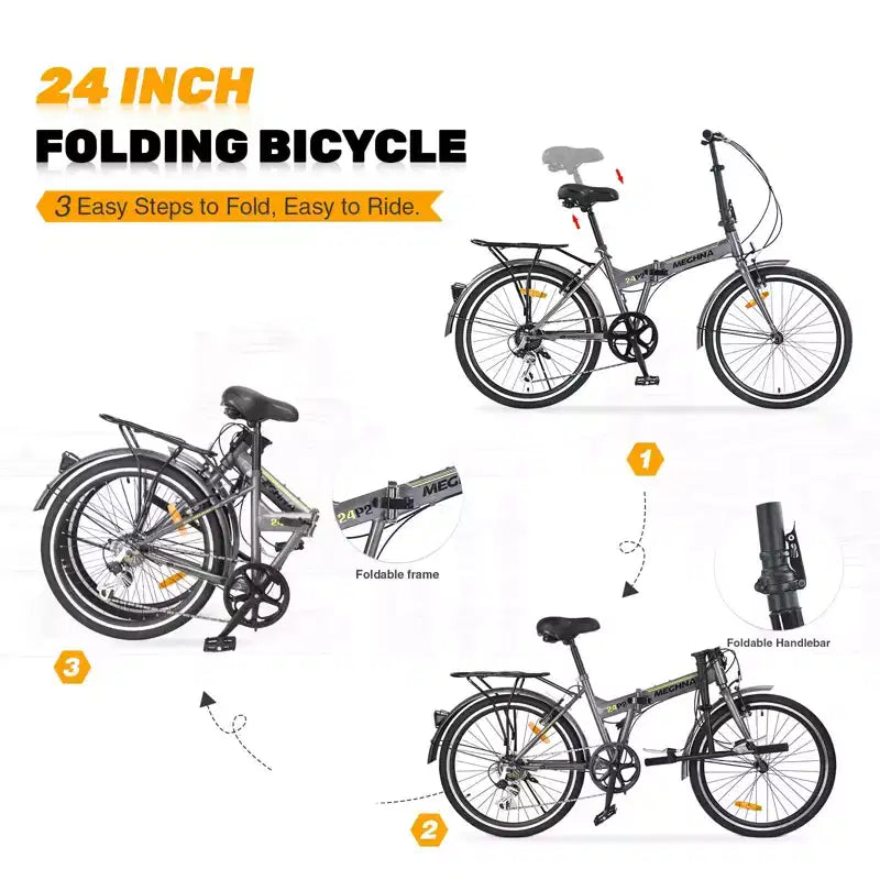 Vélo pliant Okak 24 pouces avec 7 vitesses et cadre en acier, vélos de croisière avec porte-bagages arrière et garde-boue, vélo adulte pour les voyages et les trajets quotidiens