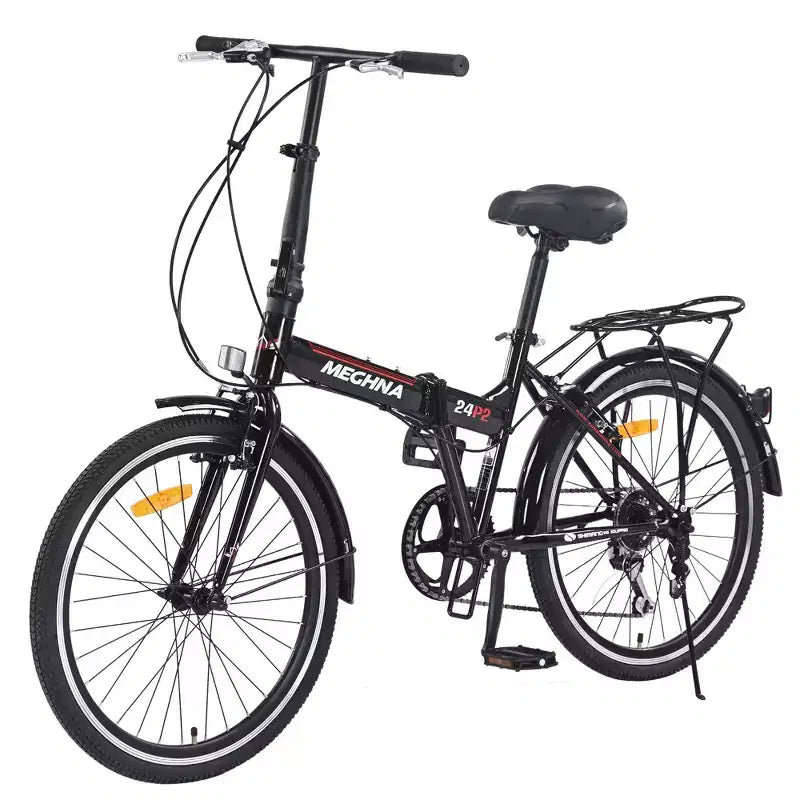 Vélo pliant Okak 24 pouces avec 7 vitesses et cadre en acier, vélos de croisière avec porte-bagages arrière et garde-boue, vélo adulte pour les voyages et les trajets quotidiens