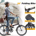 Vélo pliant Okak 24 pouces avec 7 vitesses et cadre en acier, vélos de croisière avec porte-bagages arrière et garde-boue, vélo adulte pour les voyages et les trajets quotidiens