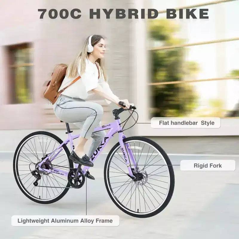 Vélo hybride Okak 700C avec cadre en alliage d'aluminium et freins à double disque, vélo de route à guidon plat, vélo pour adultes pour le cyclisme sur route et les voyages