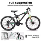 Okak 24 Inch Carbon Steel Mountain Bike with Full Suspension, Mens Bike with 21 Speed Shifter Lever and Disc Brakes, Bicycle for Kids&Adults