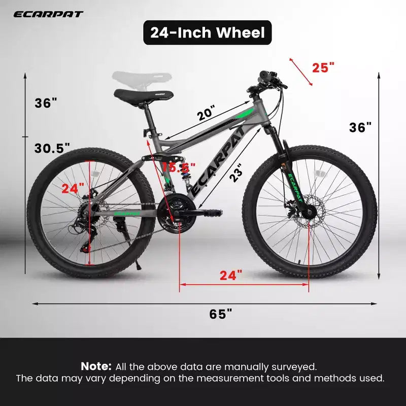 Okak 24 Inch Carbon Steel Mountain Bike with Full Suspension, Mens Bike with 21 Speed Shifter Lever and Disc Brakes, Bicycle for Kids&Adults