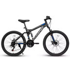 Okak 24 Inch Carbon Steel Mountain Bike with Full Suspension, Mens Bike with 21 Speed Shifter Lever and Disc Brakes, Bicycle for Kids&Adults