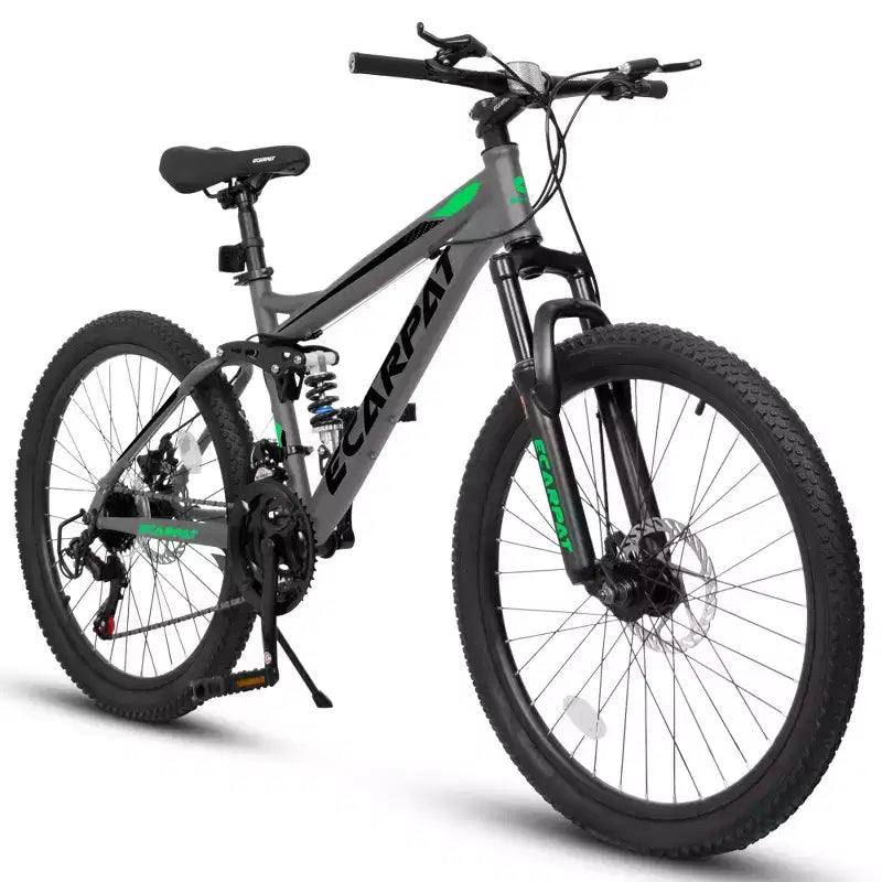 Okak 24 Inch Carbon Steel Mountain Bike with Full Suspension, Mens Bike with 21 Speed Shifter Lever and Disc Brakes, Bicycle for Kids&Adults