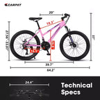 Okak 24/26IN Mountain Bike with 21 Speeds and Dual Disc Brakes, Kids Bike with 100mm Front Suspension, Dirt Bike for Teenagers and Women