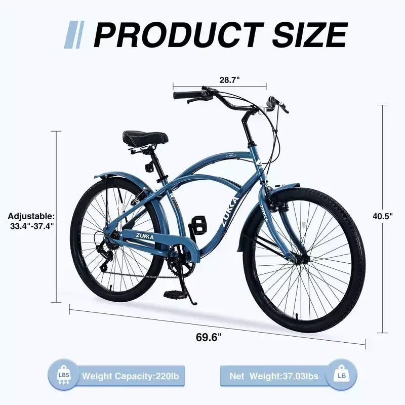 Vélo de plage Okak 26 pouces avec système 7 vitesses, vélo homme avec freins en V avant et arrière, vélo à cadre métallique pour adolescents et adultes