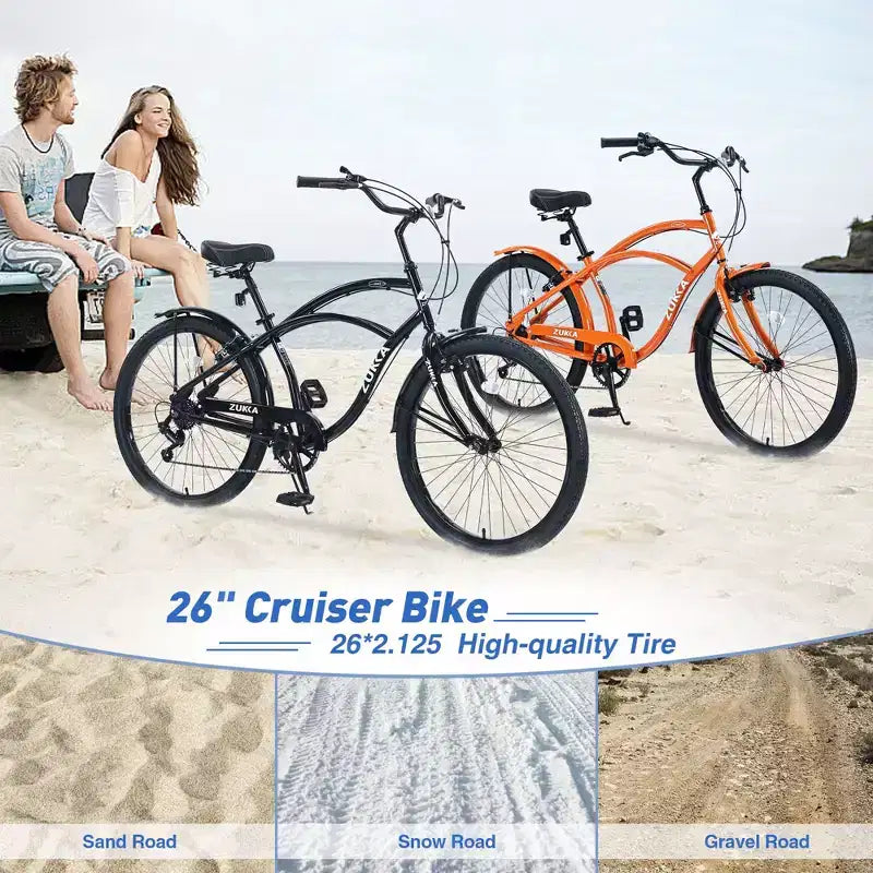 Vélo de plage Okak 26 pouces avec système 7 vitesses, vélo homme avec freins en V avant et arrière, vélo à cadre métallique pour adolescents et adultes