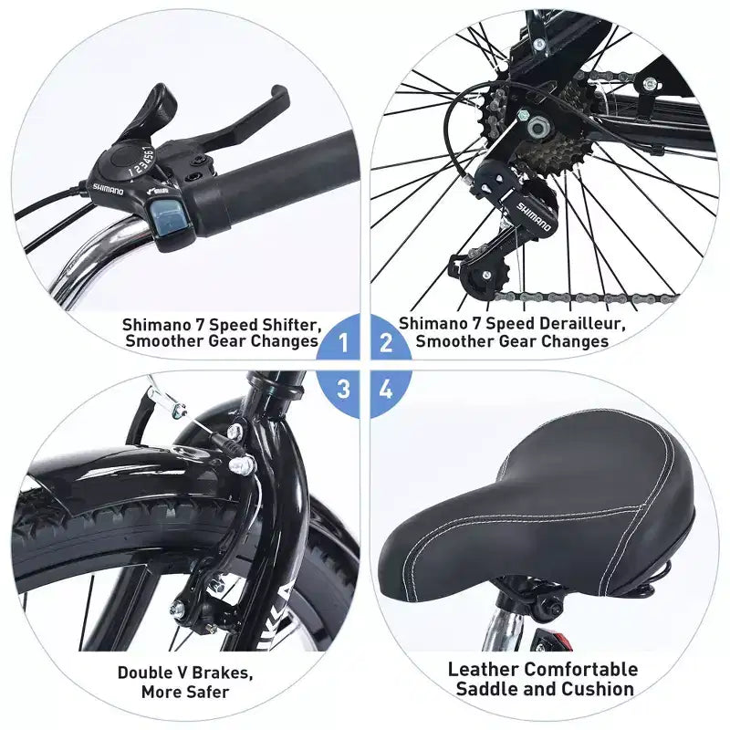 Vélo de plage Okak 26 pouces avec système 7 vitesses, vélo homme avec freins en V avant et arrière, vélo à cadre métallique pour adolescents et adultes