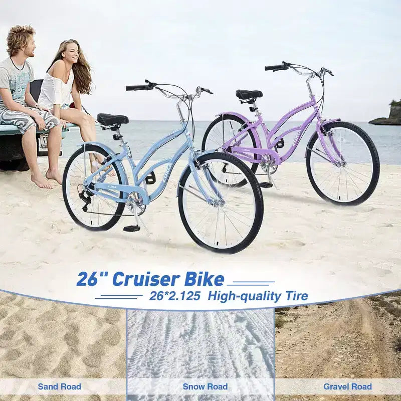 Okak 26IN Womens Bike with 7 Speed, Beach Cruiser Bike with Double V Brake and Cushion Saddle, Adult Bike for Commuting, Travel, Mountain
