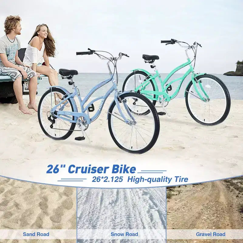 Okak 26IN Womens Bike with 7 Speed, Beach Cruiser Bike with Double V Brake and Cushion Saddle, Adult Bike for Commuting, Travel, Mountain