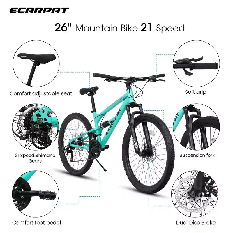 Okak 26IN Mountain Bike with Front and Rear Shock Absorber, 21-Speed Adult Bike with Steel Frame, Mens Bike for Teens and Adults, Blue