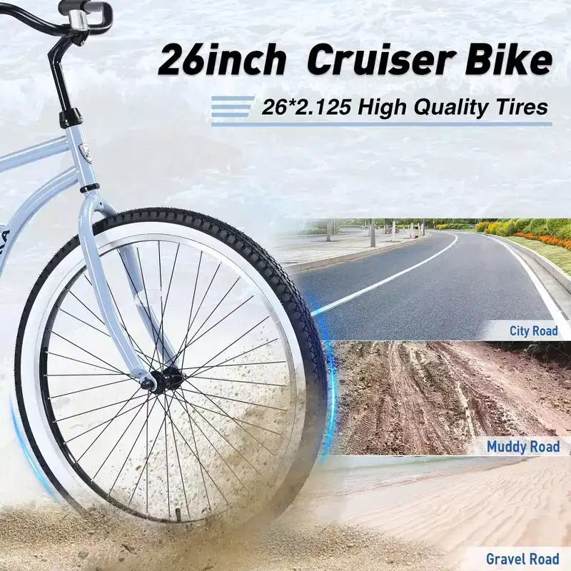 Okak 26IN Single Speed Cruiser Bikes with Steel Frame, Adult Bike with Wide Wheels and Rear Coaster Brakes, Bicycle for Mens and Women