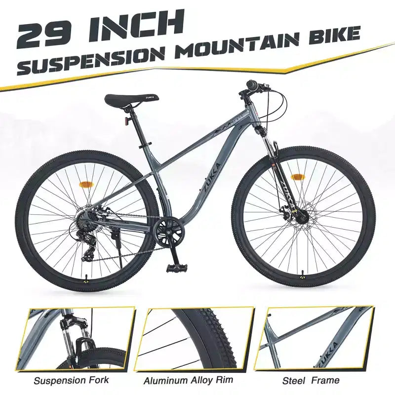 VTT Okak 29 pouces avec système 8 vitesses, Dirt Bike avec cadre en acier et suspension avant, vélo pour adultes hommes, femmes, garçons et filles