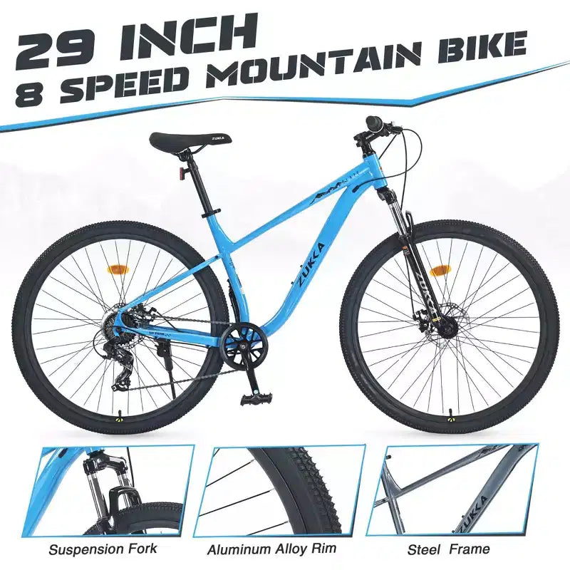 VTT Okak 29 pouces avec système 8 vitesses, Dirt Bike avec cadre en acier et suspension avant, vélo pour adultes hommes, femmes, garçons et filles