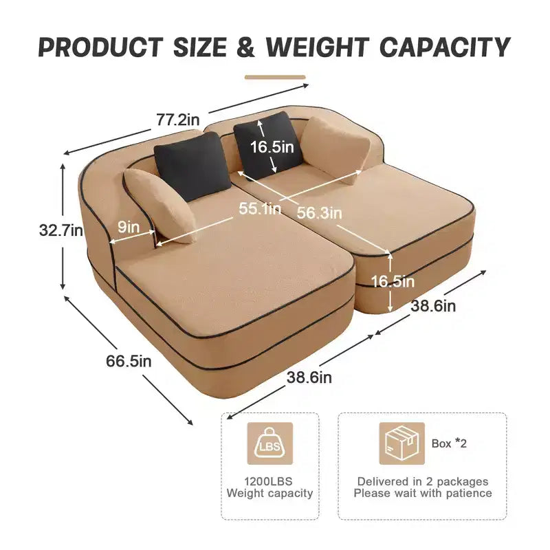 77.2 Teddy Fabric No Assembly 32D High Density sponge Boneless Sofa,Fluffy Comfy Couch with double Chaises,Sleeper sofa for Living Room,White