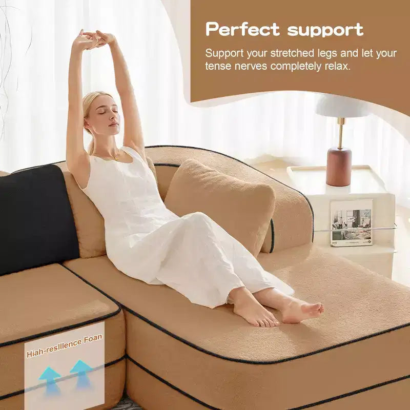 77.2 Teddy Fabric No Assembly 32D High Density sponge Boneless Sofa,Fluffy Comfy Couch with double Chaises,Sleeper sofa for Living Room,White