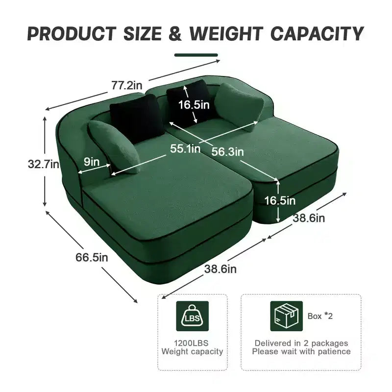 77.2 Teddy Fabric No Assembly 32D High Density sponge Boneless Sofa,Fluffy Comfy Couch with double Chaises,Sleeper sofa for Living Room,White