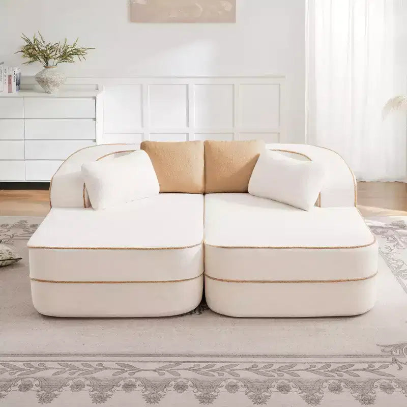77.2 Teddy Fabric No Assembly 32D High Density sponge Boneless Sofa,Fluffy Comfy Couch with double Chaises,Sleeper sofa for Living Room,White