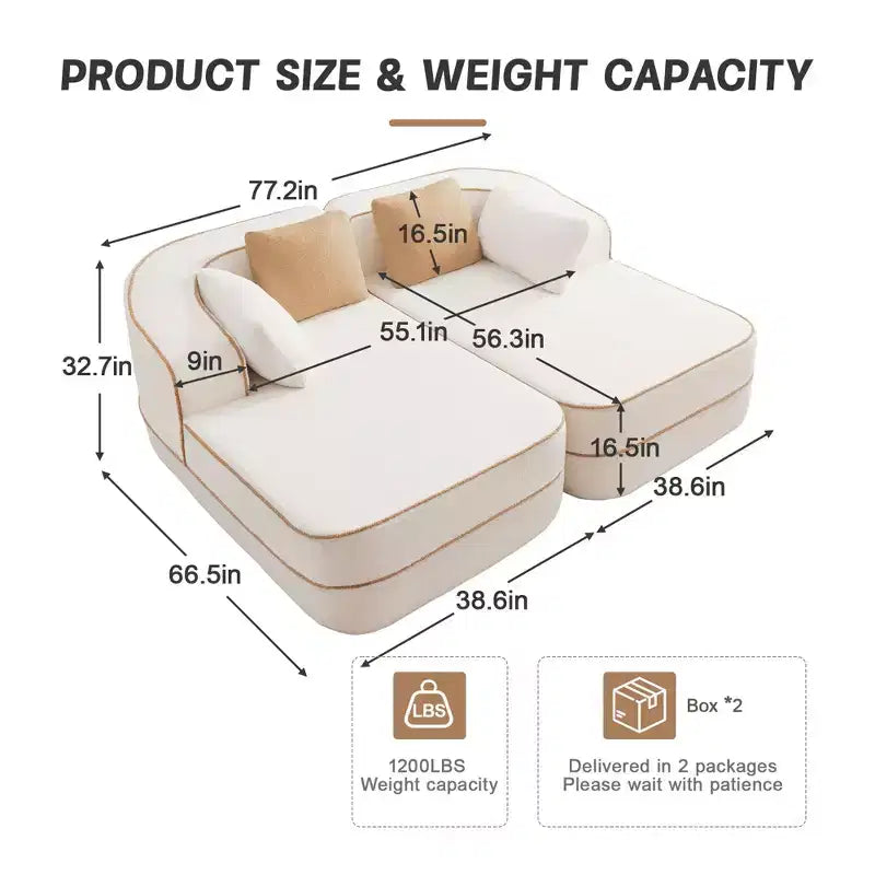 77.2 Teddy Fabric No Assembly 32D High Density sponge Boneless Sofa,Fluffy Comfy Couch with double Chaises,Sleeper sofa for Living Room,White