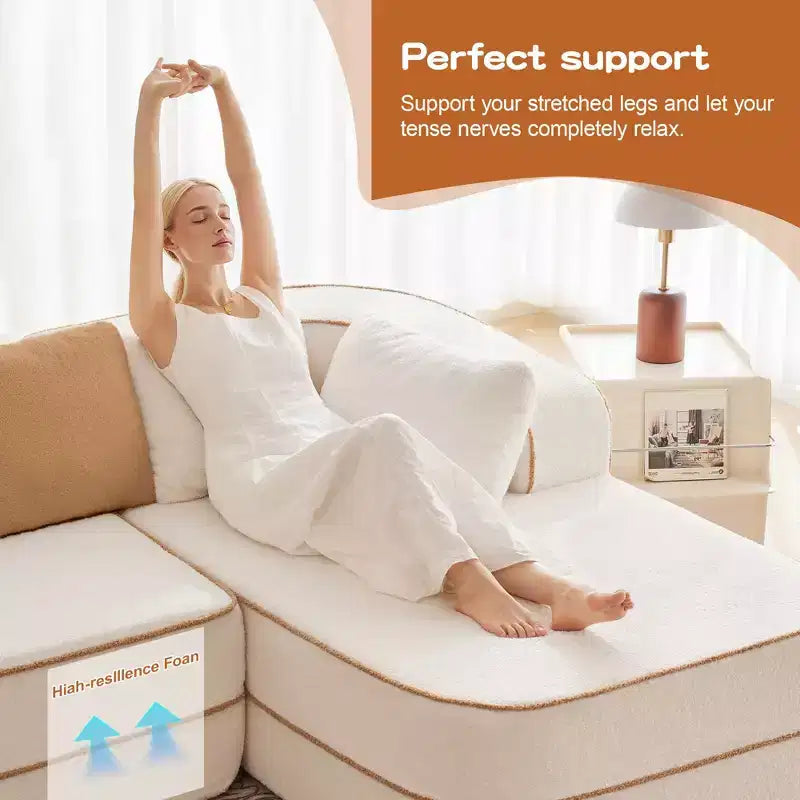77.2 Teddy Fabric No Assembly 32D High Density sponge Boneless Sofa,Fluffy Comfy Couch with double Chaises,Sleeper sofa for Living Room,White