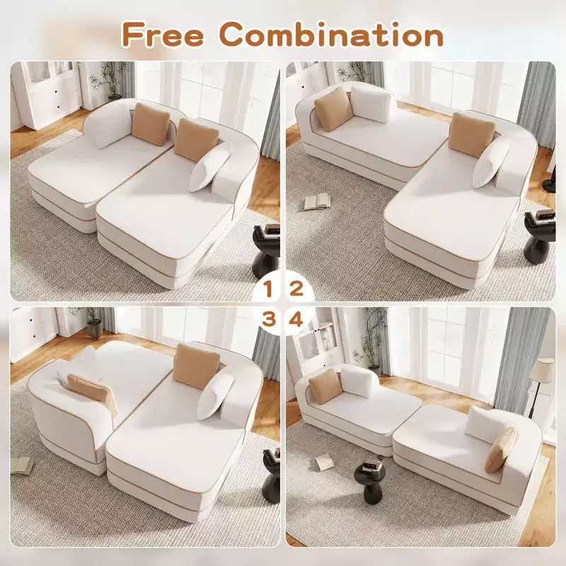 77.2 Teddy Fabric No Assembly 32D High Density sponge Boneless Sofa,Fluffy Comfy Couch with double Chaises,Sleeper sofa for Living Room,White