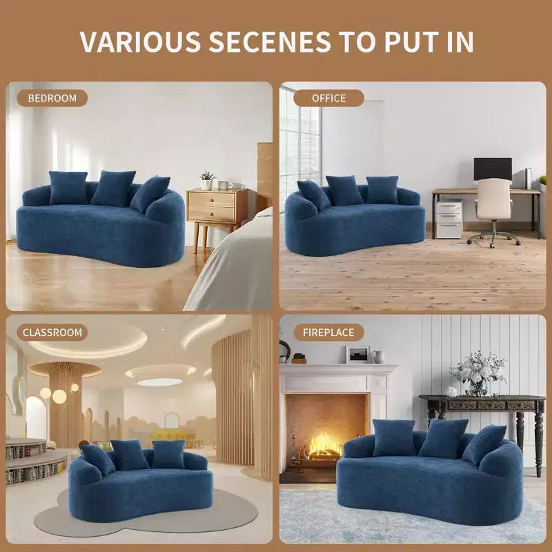 Causeuse incurvée blanche de 65 pouces avec éponge à compression totale et 3 oreillers, canapé compact en chenille 30D sans assemblage