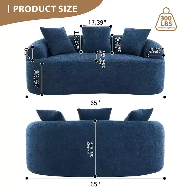 Causeuse incurvée blanche de 65 pouces avec éponge à compression totale et 3 oreillers, canapé compact en chenille 30D sans assemblage