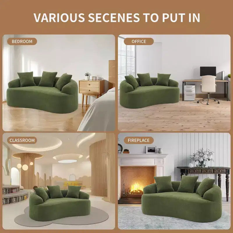 Causeuse incurvée blanche de 65 pouces avec éponge à compression totale et 3 oreillers, canapé compact en chenille 30D sans assemblage
