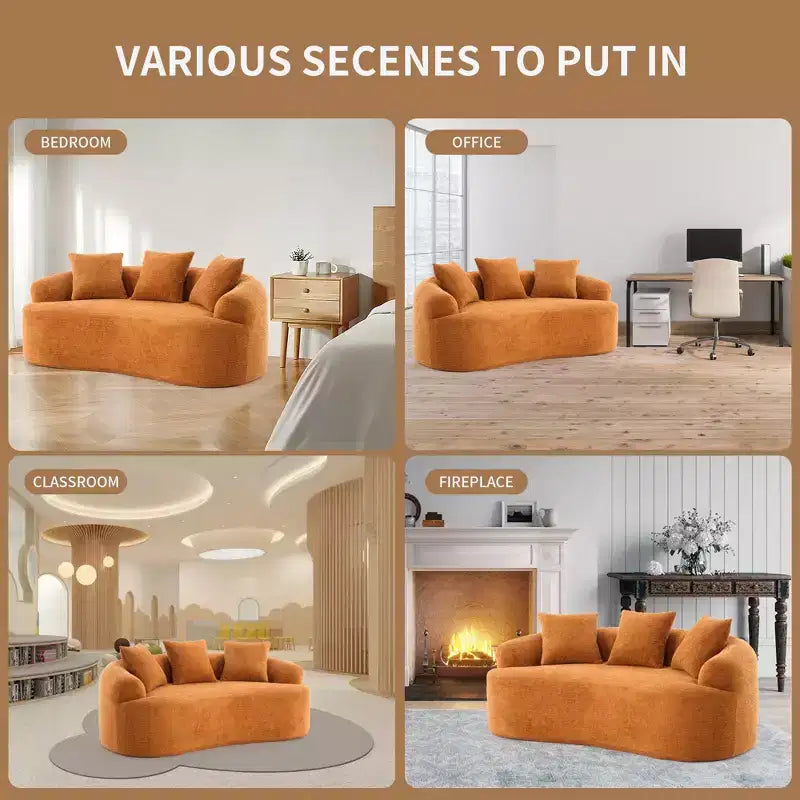 Causeuse incurvée blanche de 65 pouces avec éponge à compression totale et 3 oreillers, canapé compact en chenille 30D sans assemblage