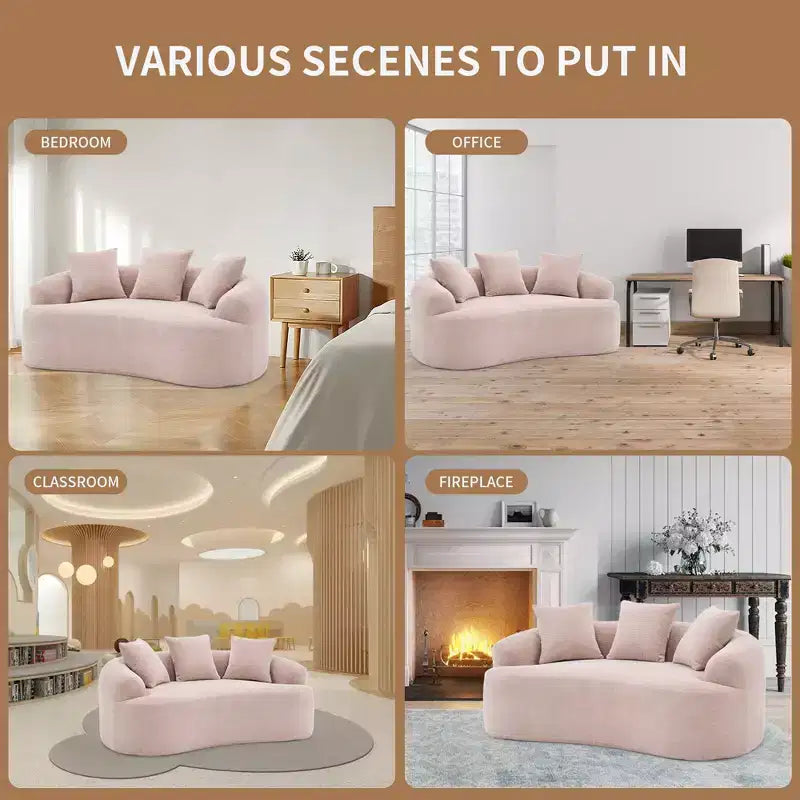 Causeuse incurvée blanche de 65 pouces avec éponge à compression totale et 3 oreillers, canapé compact en chenille 30D sans assemblage