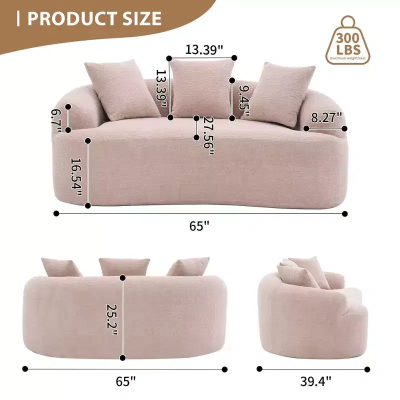 Causeuse incurvée blanche de 65 pouces avec éponge à compression totale et 3 oreillers, canapé compact en chenille 30D sans assemblage