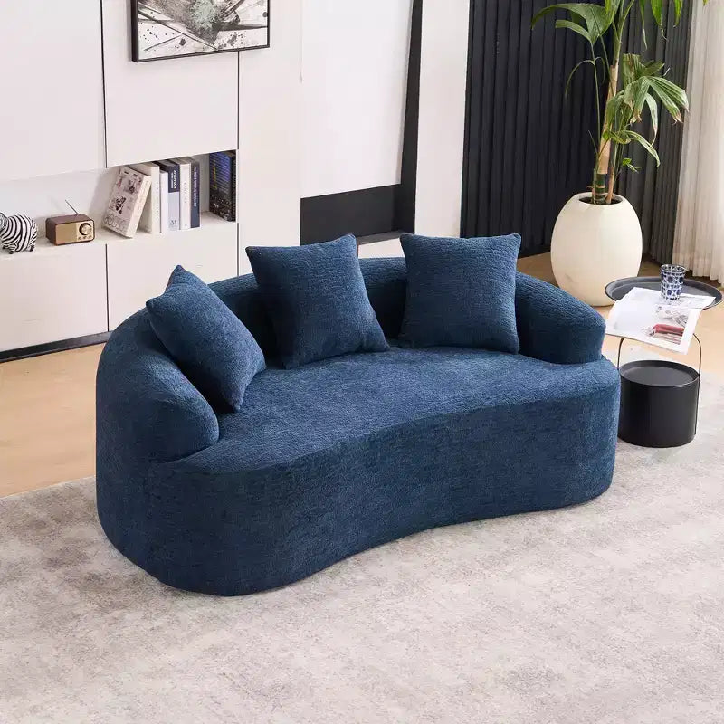 65 inch White Curved Loveseat Full Compression Sponge Sofa with 3 Pillows, 30D Chenille Compact Sofa No-Assembly