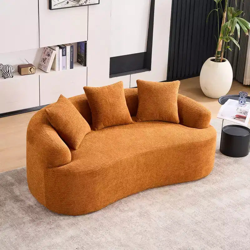 65 inch White Curved Loveseat Full Compression Sponge Sofa with 3 Pillows, 30D Chenille Compact Sofa No-Assembly