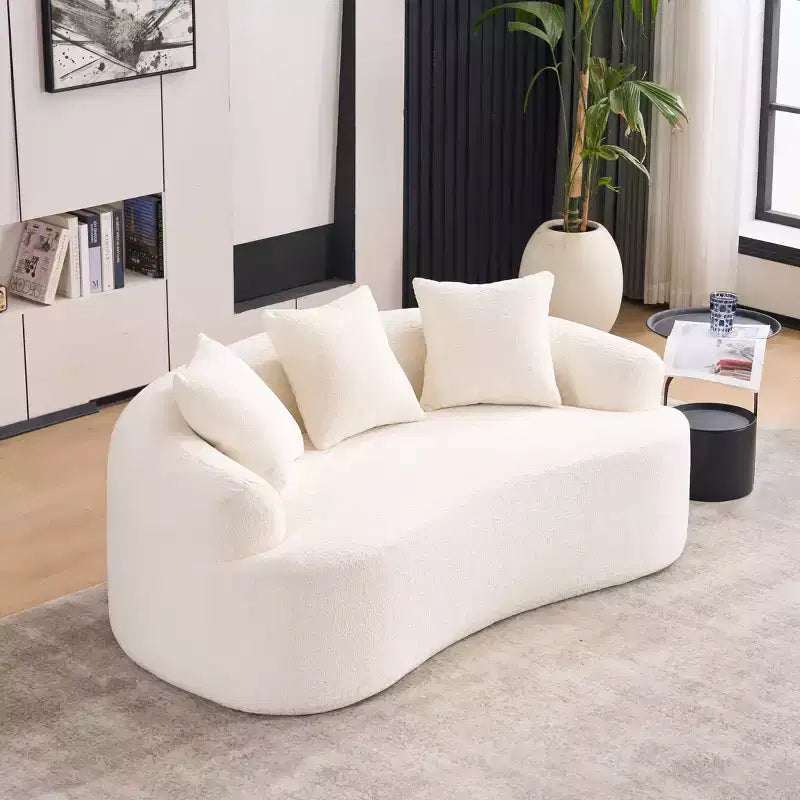 65 inch White Curved Loveseat Full Compression Sponge Sofa with 3 Pillows, 30D Chenille Compact Sofa No-Assembly