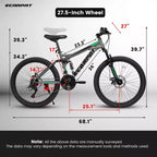Okak 27.5IN Mountain Bike with Front and Rear Dual Shock Absorbers, 21-Speed Dirt Bike with Mechanical Disc Brake, Adult Bike for Men and Women