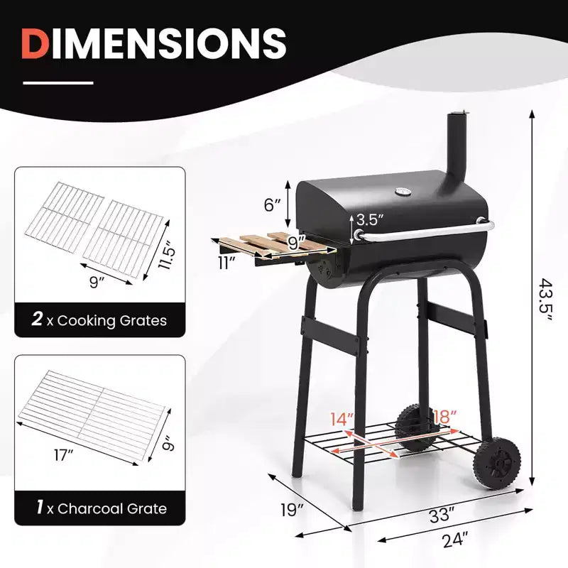 Barbecue au charbon Costway en forme de tonneau avec tablette latérale pliable, thermomètre intégré et étagère de rangement