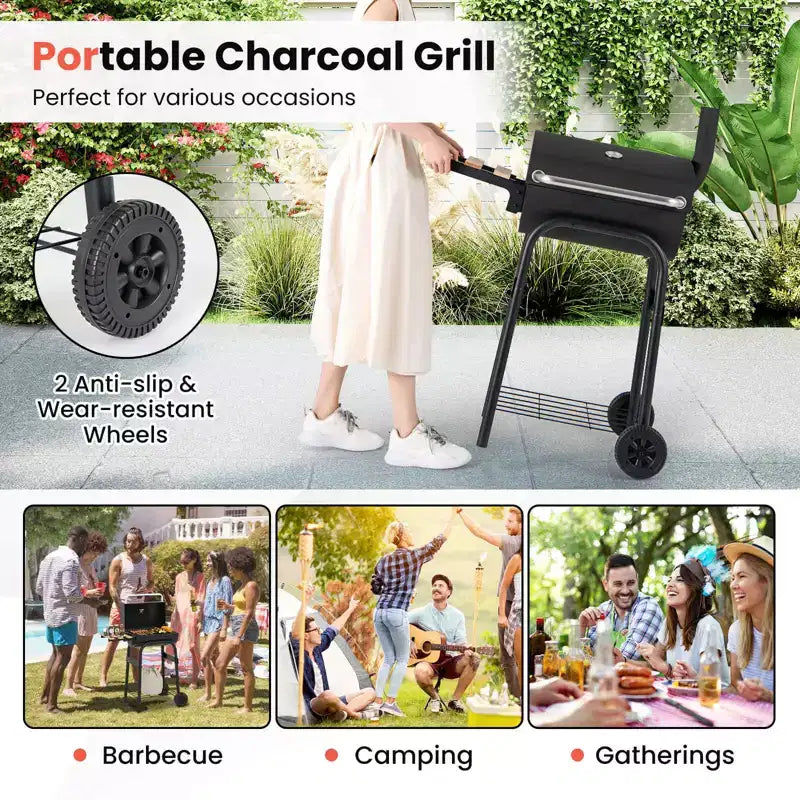 Barbecue au charbon Costway en forme de tonneau avec tablette latérale pliable, thermomètre intégré et étagère de rangement