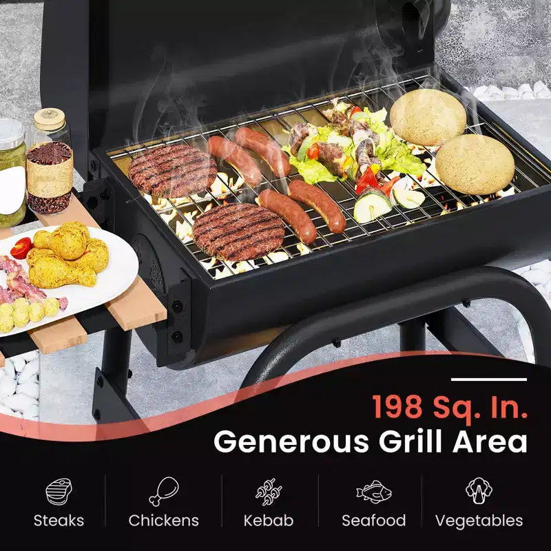 Barbecue au charbon Costway en forme de tonneau avec tablette latérale pliable, thermomètre intégré et étagère de rangement