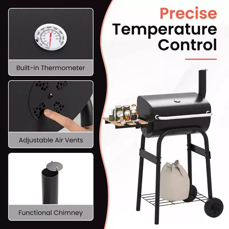 Barbecue au charbon Costway en forme de tonneau avec tablette latérale pliable, thermomètre intégré et étagère de rangement