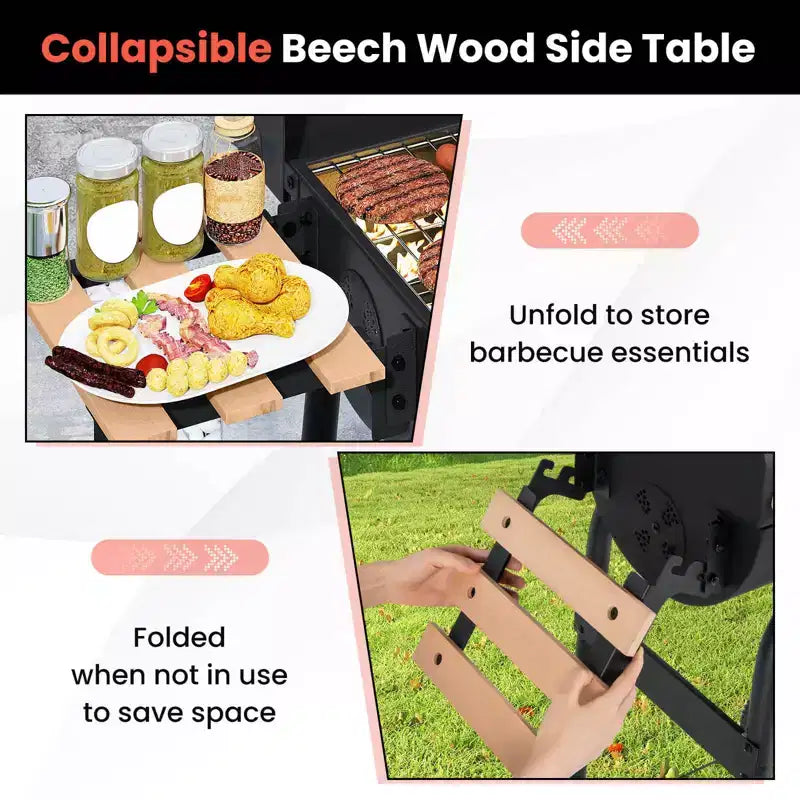 Barbecue au charbon Costway en forme de tonneau avec tablette latérale pliable, thermomètre intégré et étagère de rangement